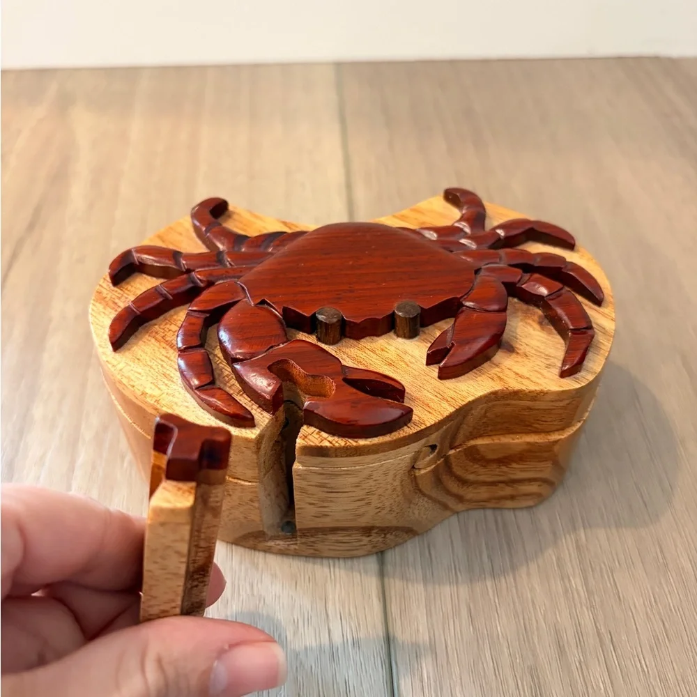 Crab Handcrafted Carved Intarsia Wood Puzzle Box Jewelry Trinket Box
